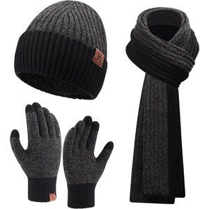 Winter Hat Long Neck Scarf Gloves Set Skull Cap with Gifts for Unisex-Gray\Black